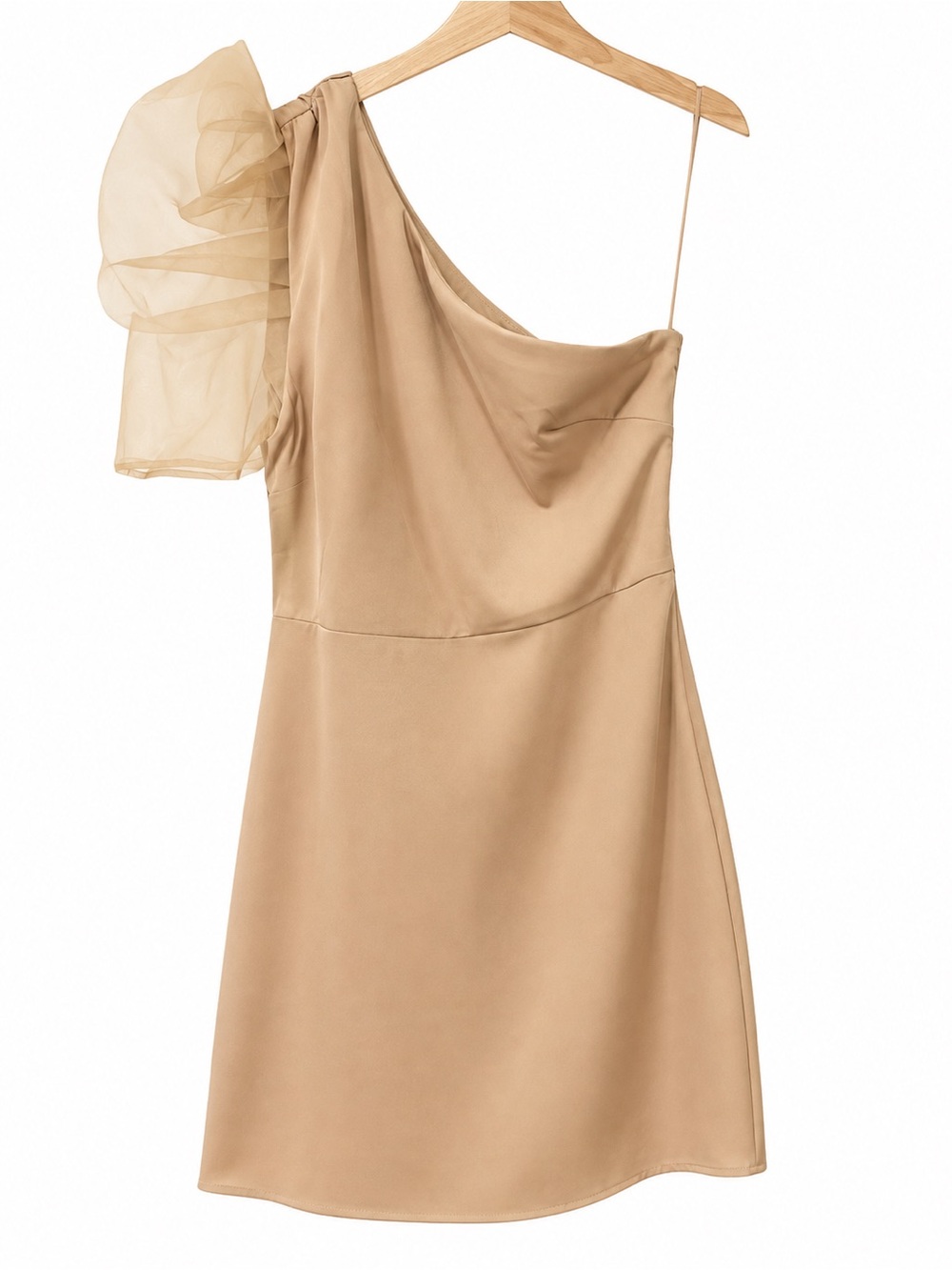 TCEC One-Shoulder Tan Mini Dress with Organza Puff Sleeve
